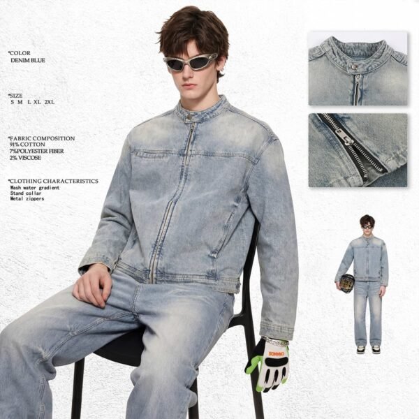 Custom Stand-Collar Zip Denim Jacket 2587 - Style 87C5B1 - product detail view 2 Custom Stand-Collar Zip Denim Jacket 2587 - Style 87C5B1 - product detail view 2