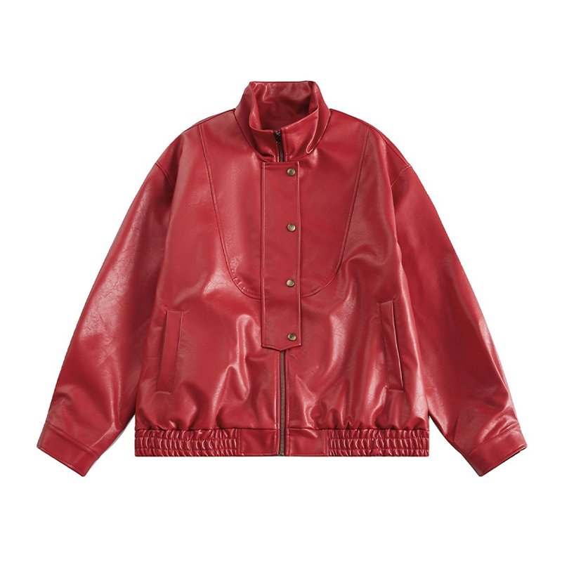 Red faux leather stand-collar zip-front windbreaker jacket