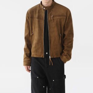 Brown suede-look stand-collar motorcycle jacket with zipper closure