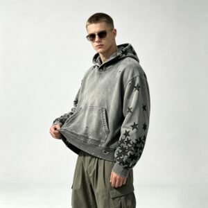 Custom Washed Star Applique Distressed Pullover Hoodie - Style C72A7A
