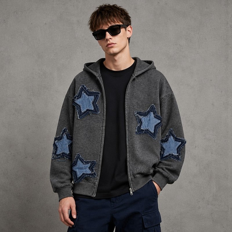 Man wearing a charcoal grey zip hoodie with star appliques