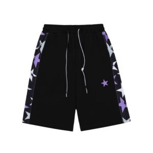 Black drawstring shorts with purple and white star pattern on side panels