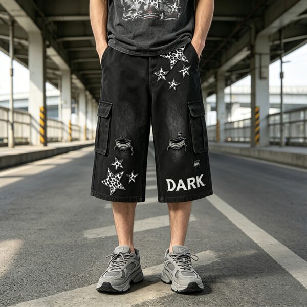 Custom Star Patch Distressed Cargo Shorts - Style E08D30 - product detail view 3