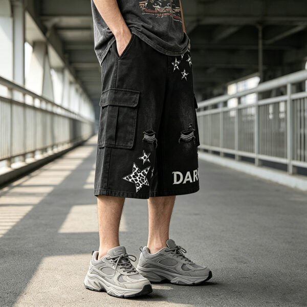 Custom Star Patch Distressed Cargo Shorts - Style E08D30 - product detail view 4