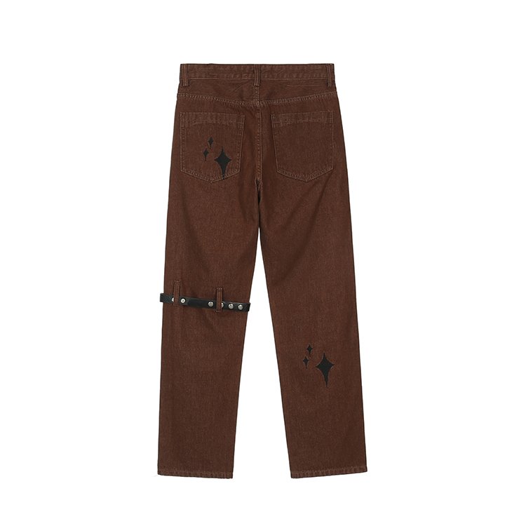 Brown loose-fit denim jeans with star pockets and strap