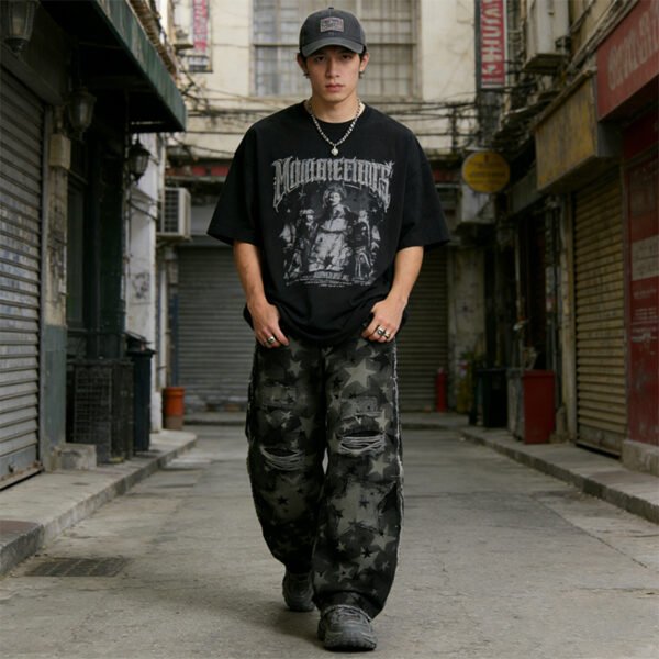 Custom Star Print Rivet Cargo Pants - Style E88107 - product detail view 2 Custom Star Print Rivet Cargo Pants - Style E88107 - product detail view 2