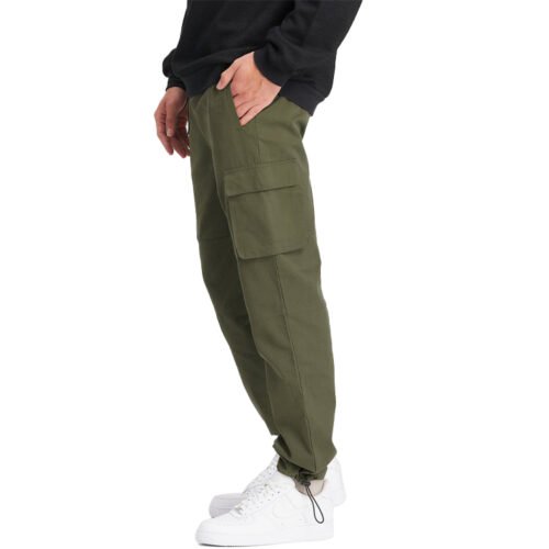 Custom Straight-Leg Multi-Pocket Cargo Pants - Style BE9FA6 Olive green straight-leg multi-pocket cargo pants