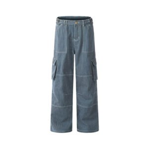 Striped denim cargo jeans with wide legs and multiple pockets