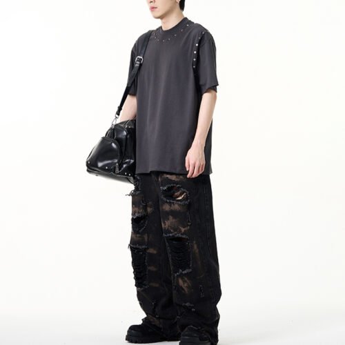 Custom Stud-Trim Oversized Streetwear T-Shirt | - Style 8206B8 Custom black studded oversized t-shirt with reinforced edges