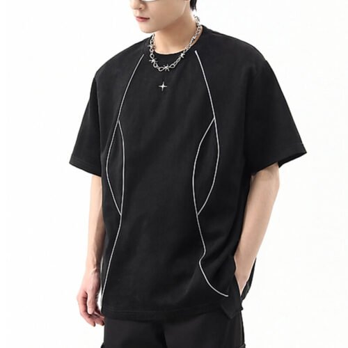 Custom Suede-Panel Piped Oversized T-Shirt - Style A25BC0 Custom Suede-Panel Piped Oversized T-Shirt - Style A25BC0