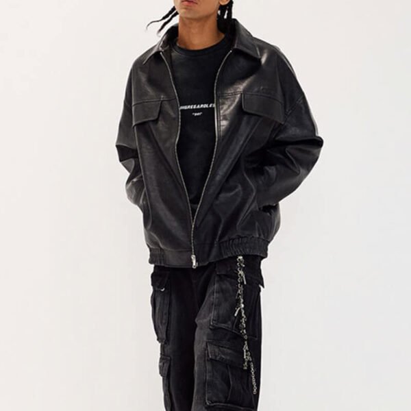 Custom Symmetrical Faux Leather Moto Jacket - Style F8E941 - product detail view 7