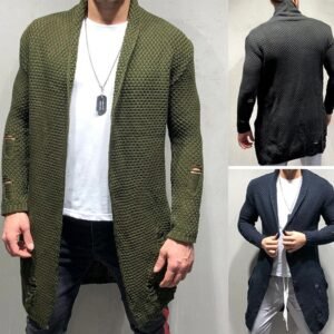 Man wearing olive green textured longline knit cardigan