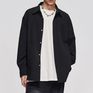 Black textured oversized long-sleeve button-front shirt