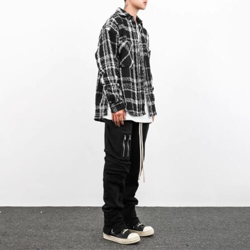 Custom Textured Plaid Button-Front Overshirt Jacket - Style C4134A Men's black and white plaid layered button-front overshirt jacket.