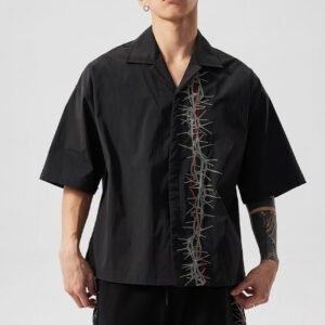 Black short sleeve camp shirt with embroidered thorn detail