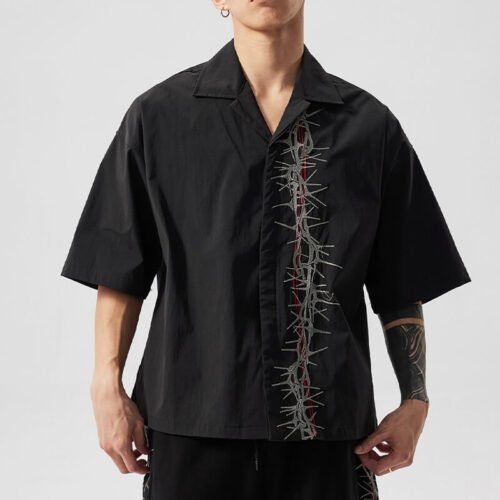 Custom Thorn Embroidered Boxy Camp Shirt | - Style F8EA09 Black short sleeve camp shirt with embroidered thorn detail