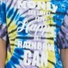Custom Tie-Dye Puff Print Streetwear T-Shirt | VWT-502D - Style 502D2B Close-up of a tie-dye t-shirt with puff print text saying 'MONEY CAN'T MAKE me Happy BUT RAINBOW CAN'