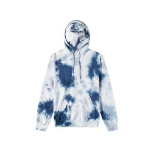 Blue and white tie-dye pullover hoodie with a front pocket