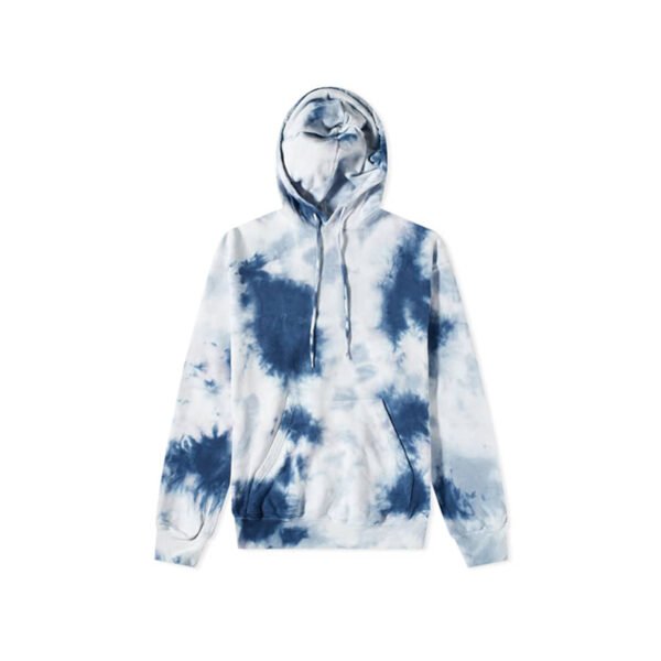 Blue and white tie-dye pullover hoodie with a front pocket