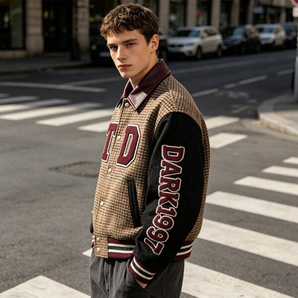Custom Plaid Towel Applique Varsity Jacket - Style D2D8AE - product detail view 4 Custom Plaid Towel Applique Varsity Jacket - Style D2D8AE - product detail view 4