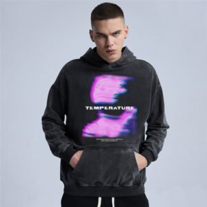 Mens distressed dark grey pullover hoodie with 'TEMPERATURE' graphic