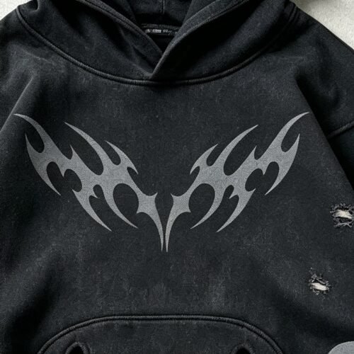 Custom Washed Tribal Print Distressed Hoodie - Style C5E644 Washed black hoodie with tribal print and distressed details
