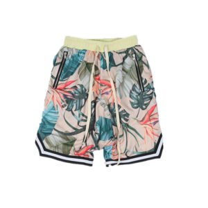 Tropical print resort shorts with zip pockets and striped cuffs.