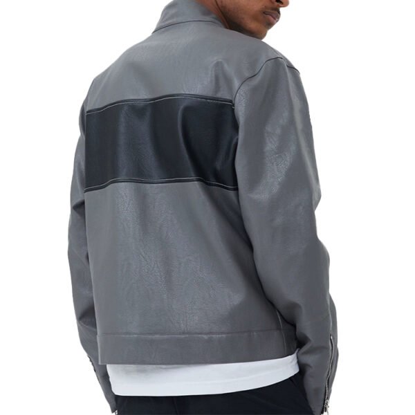 Custom Two-Tone Panel Biker Jacket - Style 6A4ABD Man wearing a grey and black two-tone panel biker jacket from the back