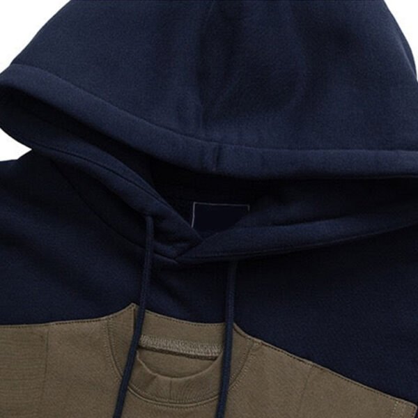 Custom Two-Tone Drawstring Pullover Hoodie - Style 9ADACF Close-up of a two-tone pullover hoodie in navy blue and khaki with drawstrings.