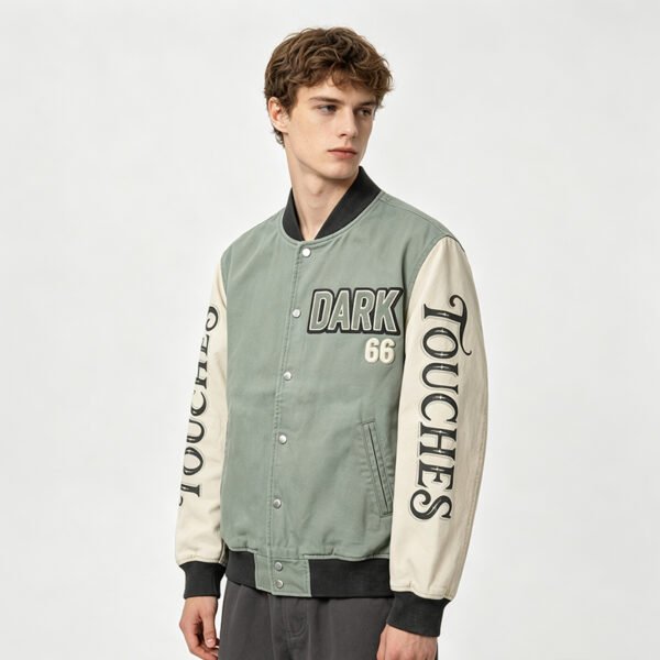 Custom Two-Tone Varsity Bomber Jacket - Style AC1189 - product detail view 2 Custom Two-Tone Varsity Bomber Jacket - Style AC1189 - product detail view 2