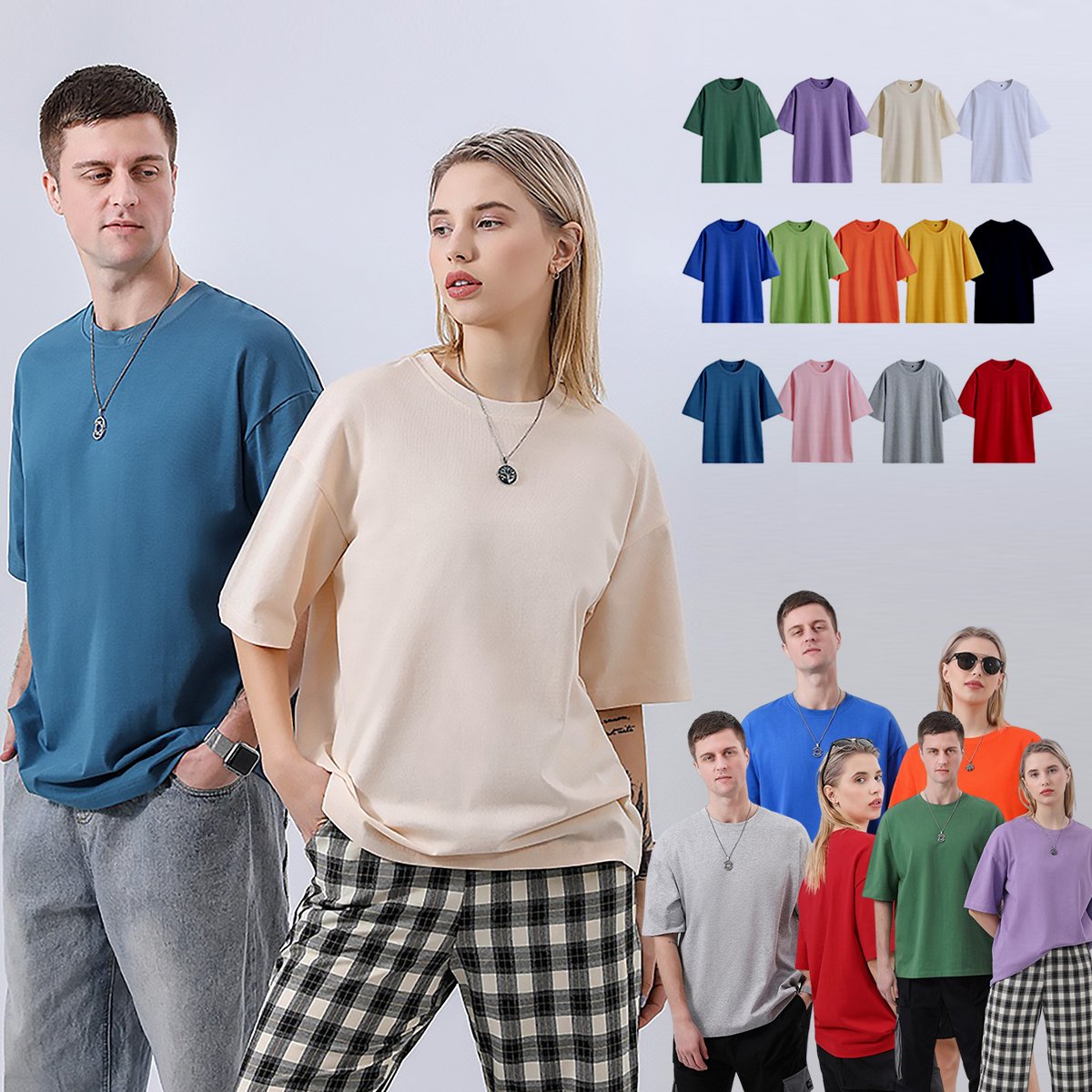 Models wearing various colors of unisex drop-shoulder t-shirts
