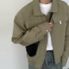 Khaki utility style zip jacket with chest pockets and collared neckline