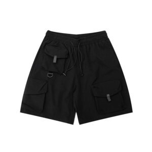 Black custom men's cargo active shorts with elastic waist and drawstring