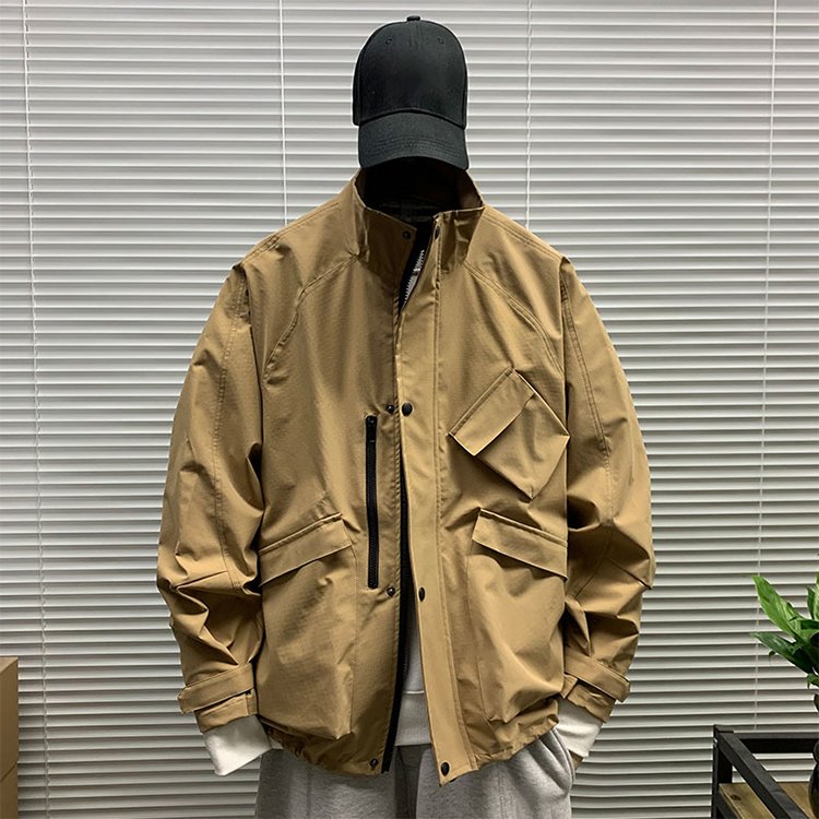 Tan utility stand-collar jacket with multiple pockets