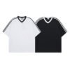 Custom V-Neck Stripe Sleeve Activewear Tee - Style EA690D Two unisex v-neck activewear t-shirts with striped sleeves