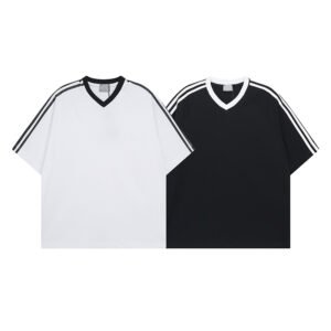 Two unisex v-neck activewear t-shirts with striped sleeves