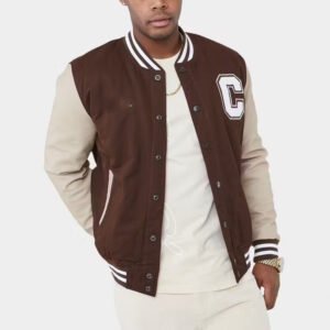 Custom Brown Contrast-Sleeve Varsity Jacket - Style 0B64D3