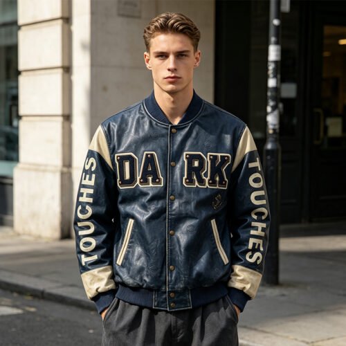 Custom Navy Varsity Jacket with Contrast Sleeves 707-08 - Style 226B7E