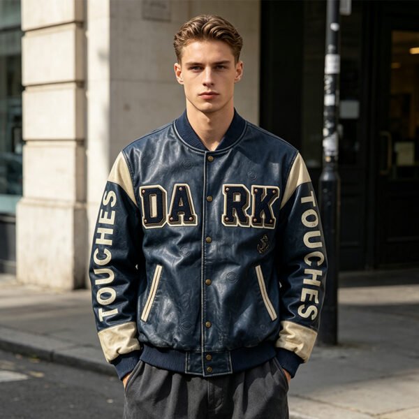 Custom Navy Varsity Jacket with Contrast Sleeves 707-08 - Style 226B7E Custom Navy Varsity Jacket with Contrast Sleeves 707-08 - Style 226B7E