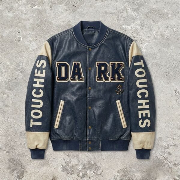 Custom Navy Varsity Jacket with Contrast Sleeves 707-08 - Style 226B7E - product detail view 2 Custom Navy Varsity Jacket with Contrast Sleeves 707-08 - Style 226B7E - product detail view 2
