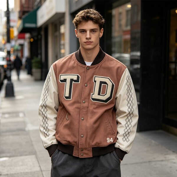 Custom Contrast Sleeve Varsity Jacket - Style 40A331 - product detail view 2 Custom Contrast Sleeve Varsity Jacket - Style 40A331 - product detail view 2