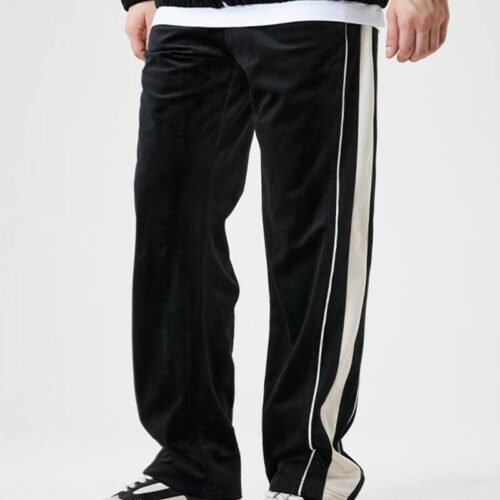 Custom Velvet Side Stripe Straight Pants | CUS2401FPA210275 - Style 756CF9 Men's black velvet straight leg pants with white side stripes