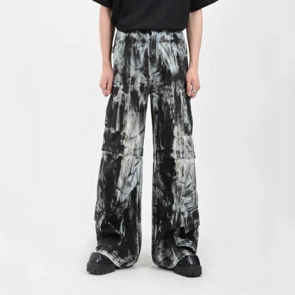 Custom Vintage Wash Cargo Panel Jeans - Style 4D7123 Black and white tie-dye washed cargo pants on a model.