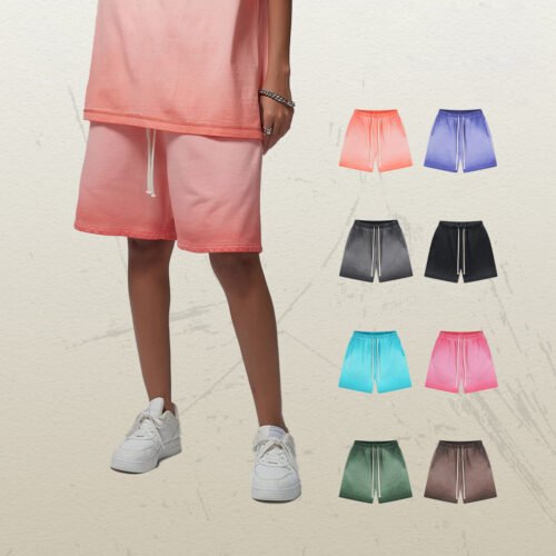 Model wearing pink vintage-dyed shorts with a collage of other color options.