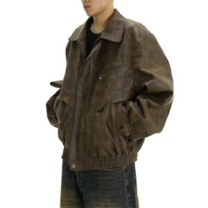 Men's distressed brown leather-look short jacket
