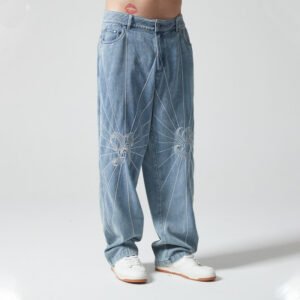 Light wash vintage embroidered panel jeans with custom design