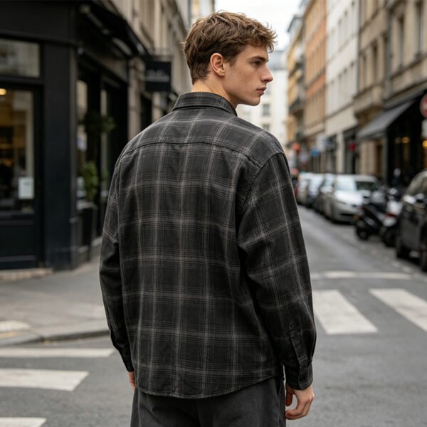 Custom Vintage Dark Plaid Overshirt 05 - Style 1E52FD Man wearing a dark grey plaid long-sleeve overshirt