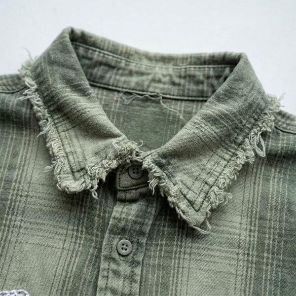 Custom Vintage Plaid Frayed-Hem Short-Sleeve Shirt - Style 51FCD3 - product detail view 2 Custom Vintage Plaid Frayed-Hem Short-Sleeve Shirt - Style 51FCD3 - product detail view 2