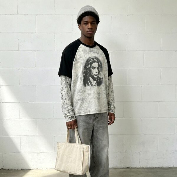 Custom Vintage Contrast Raglan Graphic T-Shirt - Style 820020 Man in vintage contrast raglan graphic t-shirt and grey jeans