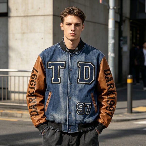 Custom Vintage Contrast-Sleeve Varsity Jacket - Style A3E04D - product detail view 3